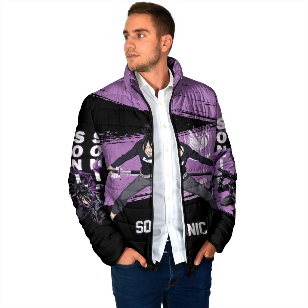 Sonic One Punch Man Anime Purple and Black Theme Padded Jacket with Stealth Pose and High-Speed Ninja Design - The Mazicc