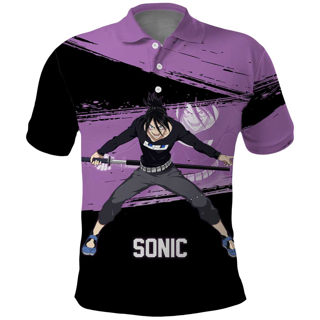 Sonic One Punch Man Anime Purple and Black Theme Polo Shirt with Stealth Pose and High-Speed Ninja Design - The Mazicc