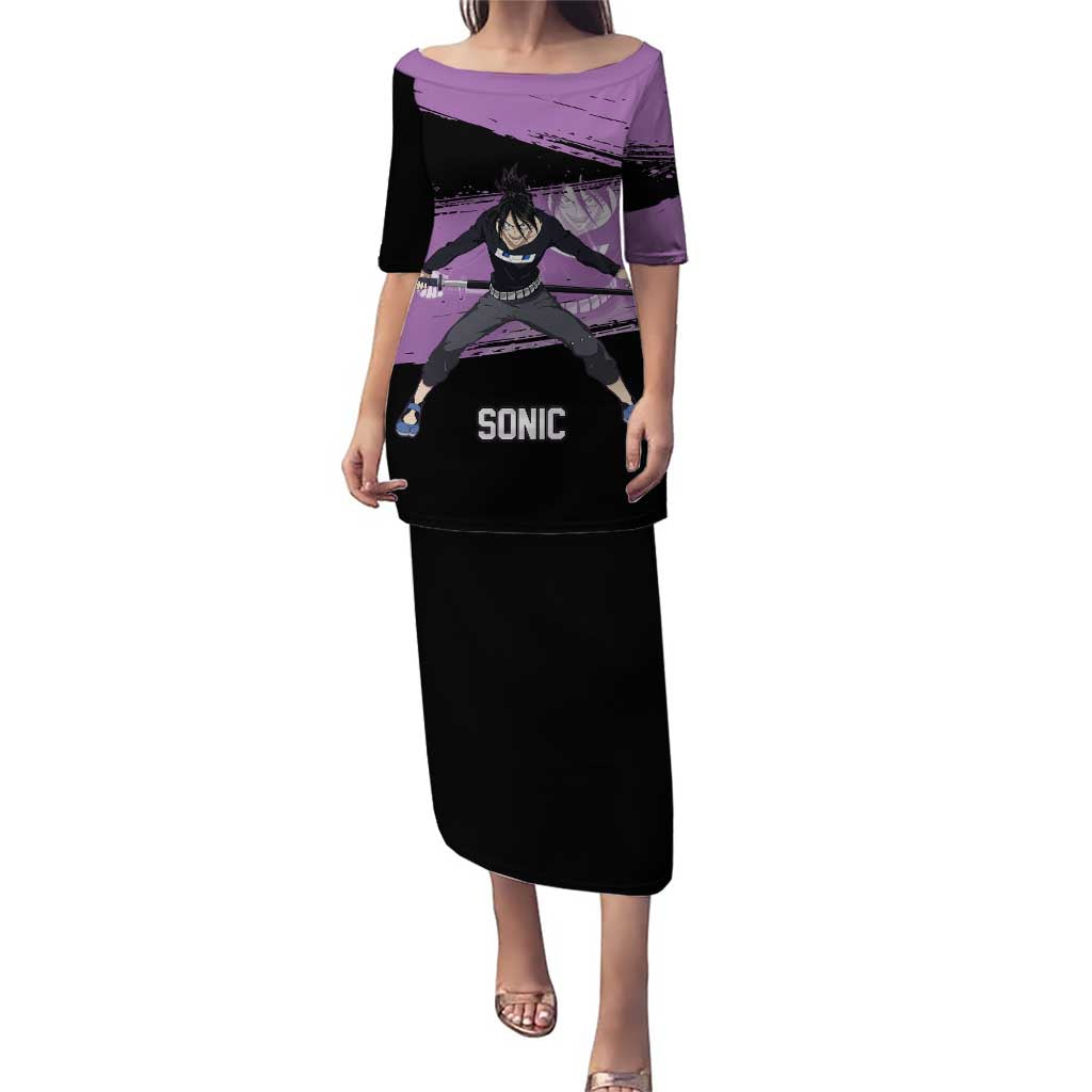 Sonic One Punch Man Anime Purple and Black Theme Puletasi with Stealth Pose and High-Speed Ninja Design - The Mazicc