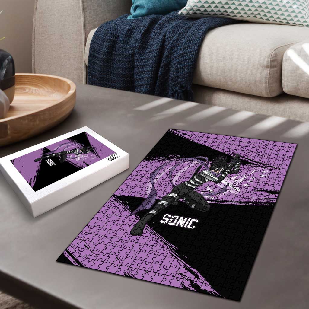 Sonic One Punch Man Anime Purple and Black Theme Puzzle with Stealth Pose and High-Speed Ninja Design - The Mazicc