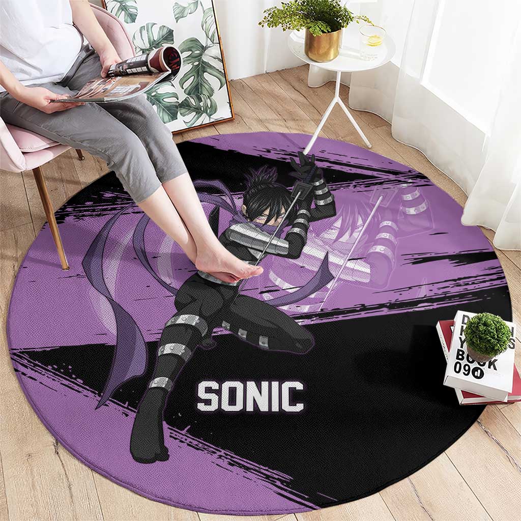 Sonic One Punch Man Anime Purple and Black Theme Round Carpet with Stealth Pose and High-Speed Ninja Design - The Mazicc