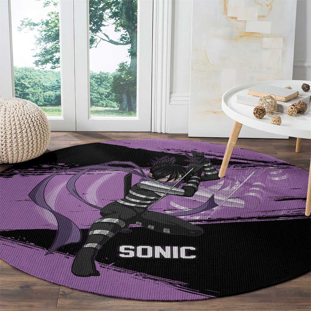 Sonic One Punch Man Anime Purple and Black Theme Round Carpet with Stealth Pose and High-Speed Ninja Design - The Mazicc