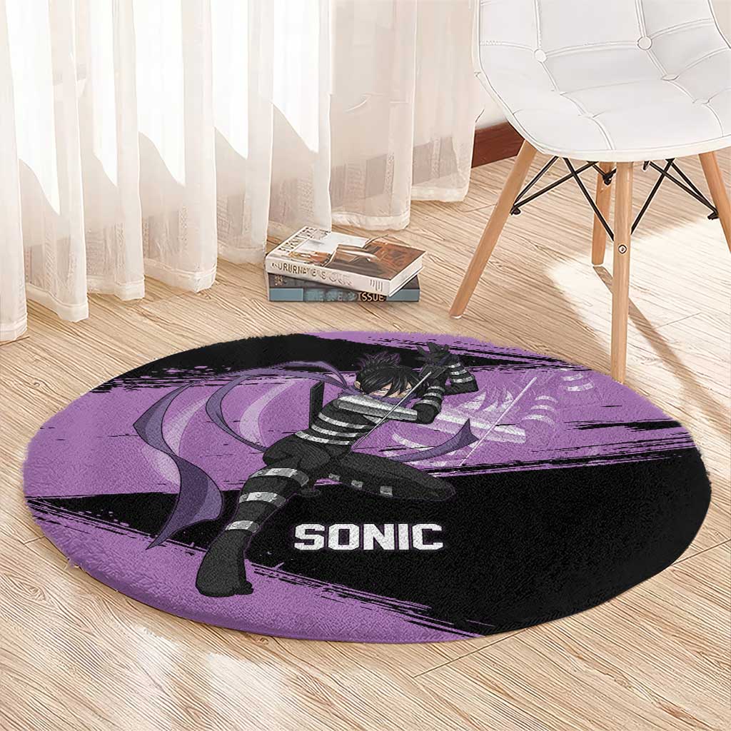 Sonic One Punch Man Anime Purple and Black Theme Round Carpet with Stealth Pose and High-Speed Ninja Design - The Mazicc