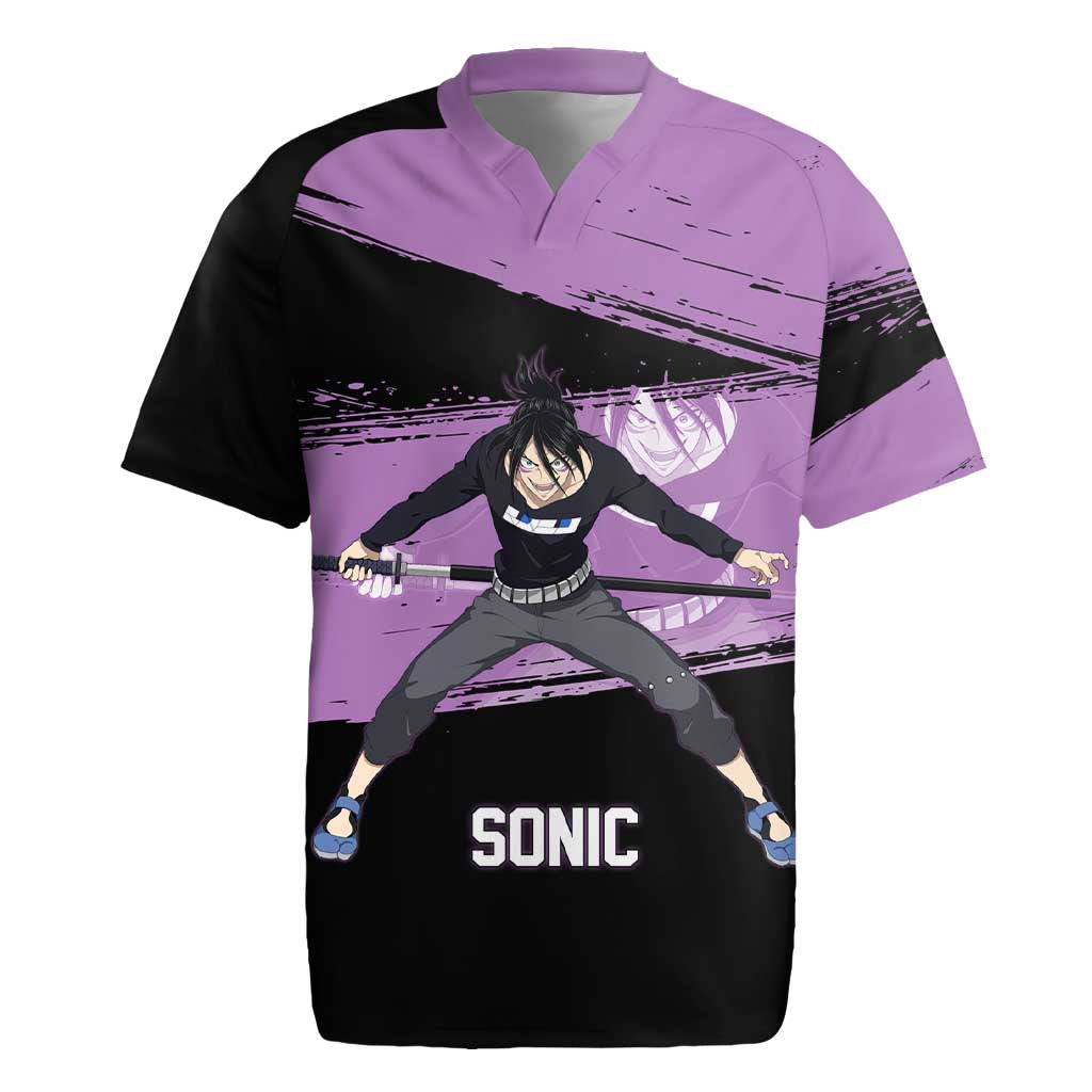 Sonic One Punch Man Anime Purple and Black Theme Rugby Jersey with Stealth Pose and High-Speed Ninja Design - The Mazicc