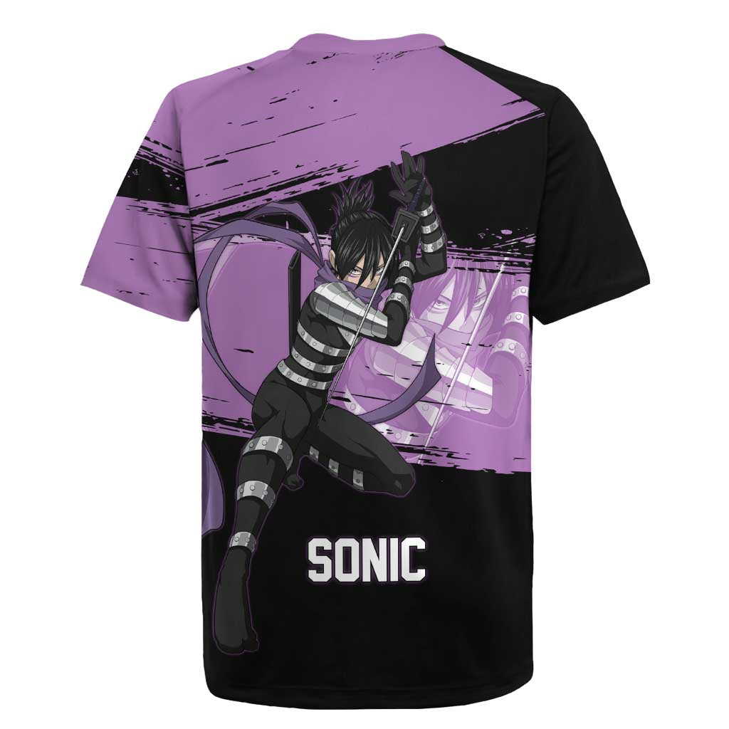 Sonic One Punch Man Anime Purple and Black Theme Rugby Jersey with Stealth Pose and High-Speed Ninja Design - The Mazicc