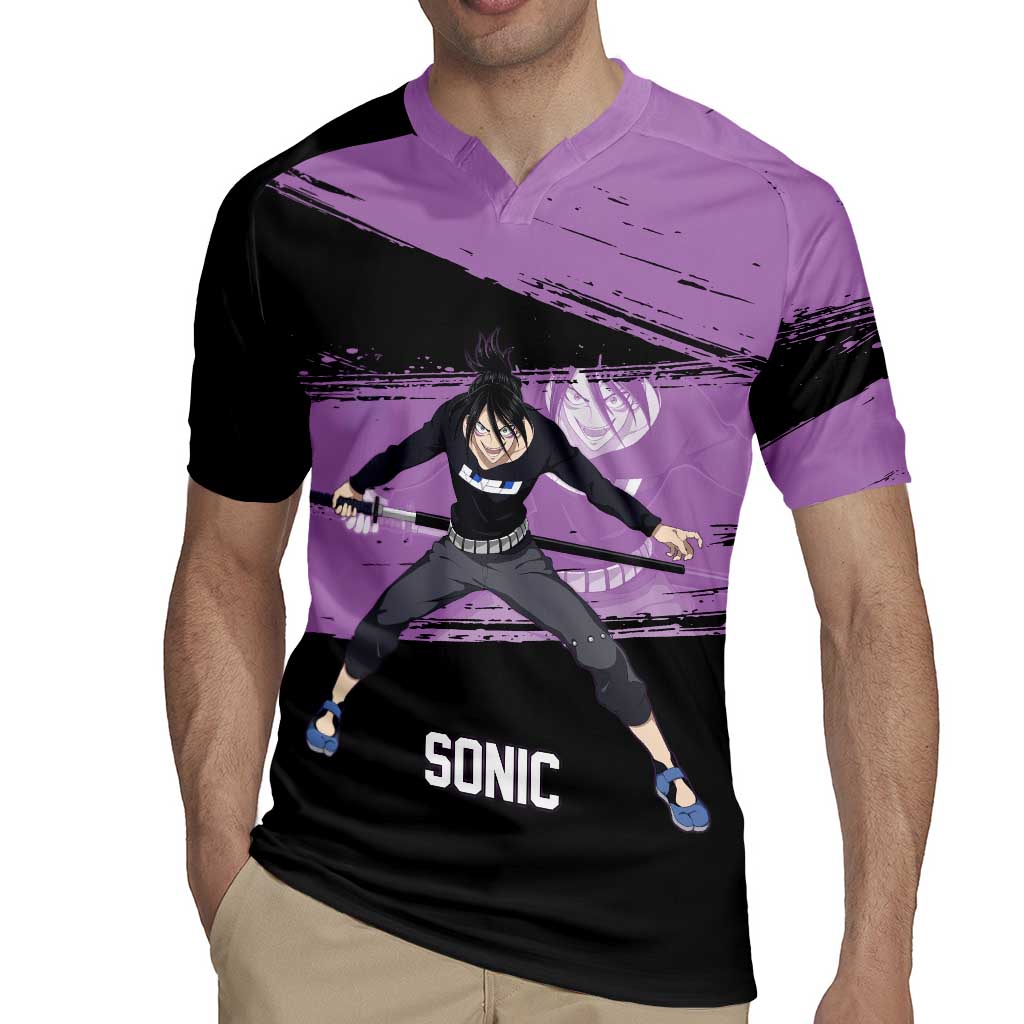Sonic One Punch Man Anime Purple and Black Theme Rugby Jersey with Stealth Pose and High-Speed Ninja Design - The Mazicc