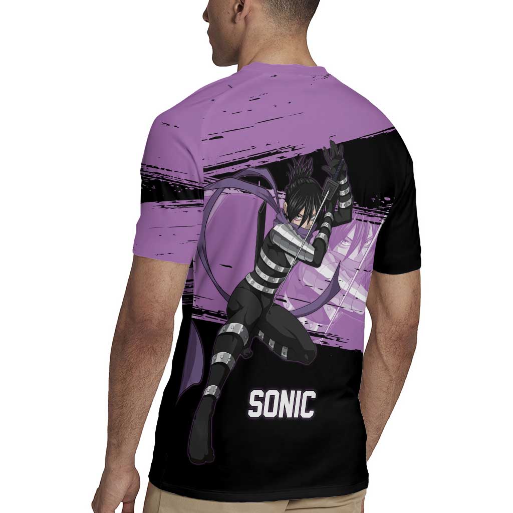 Sonic One Punch Man Anime Purple and Black Theme Rugby Jersey with Stealth Pose and High-Speed Ninja Design - The Mazicc