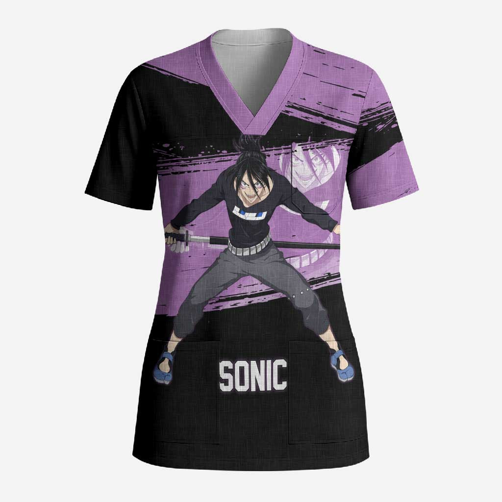 Sonic One Punch Man Anime Purple and Black Theme Scrub Top with Stealth Pose and High-Speed Ninja Design - The Mazicc