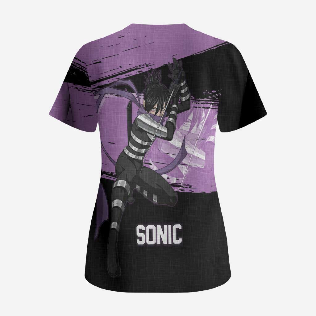 Sonic One Punch Man Anime Purple and Black Theme Scrub Top with Stealth Pose and High-Speed Ninja Design - The Mazicc