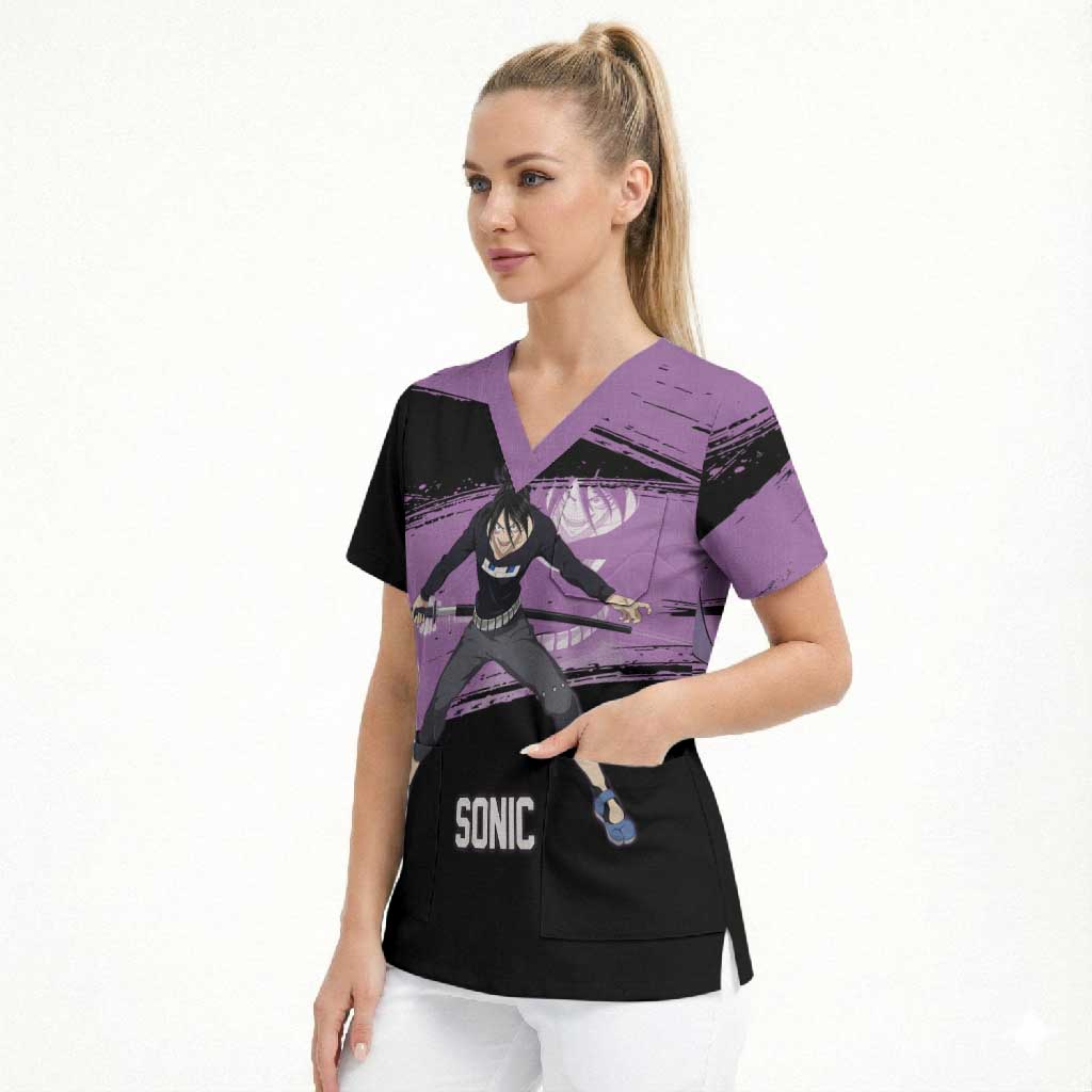 Sonic One Punch Man Anime Purple and Black Theme Scrub Top with Stealth Pose and High-Speed Ninja Design - The Mazicc