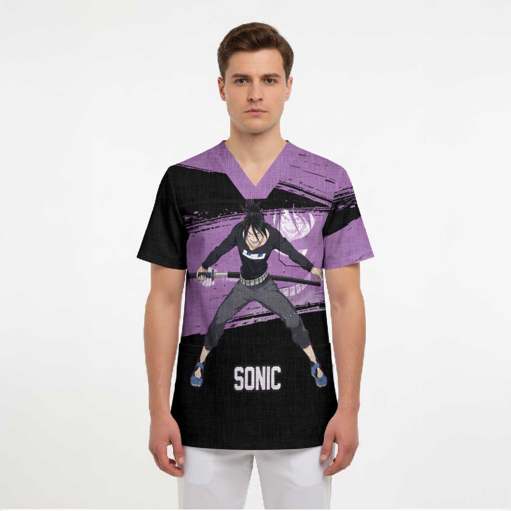 Sonic One Punch Man Anime Purple and Black Theme Scrub Top with Stealth Pose and High-Speed Ninja Design - The Mazicc