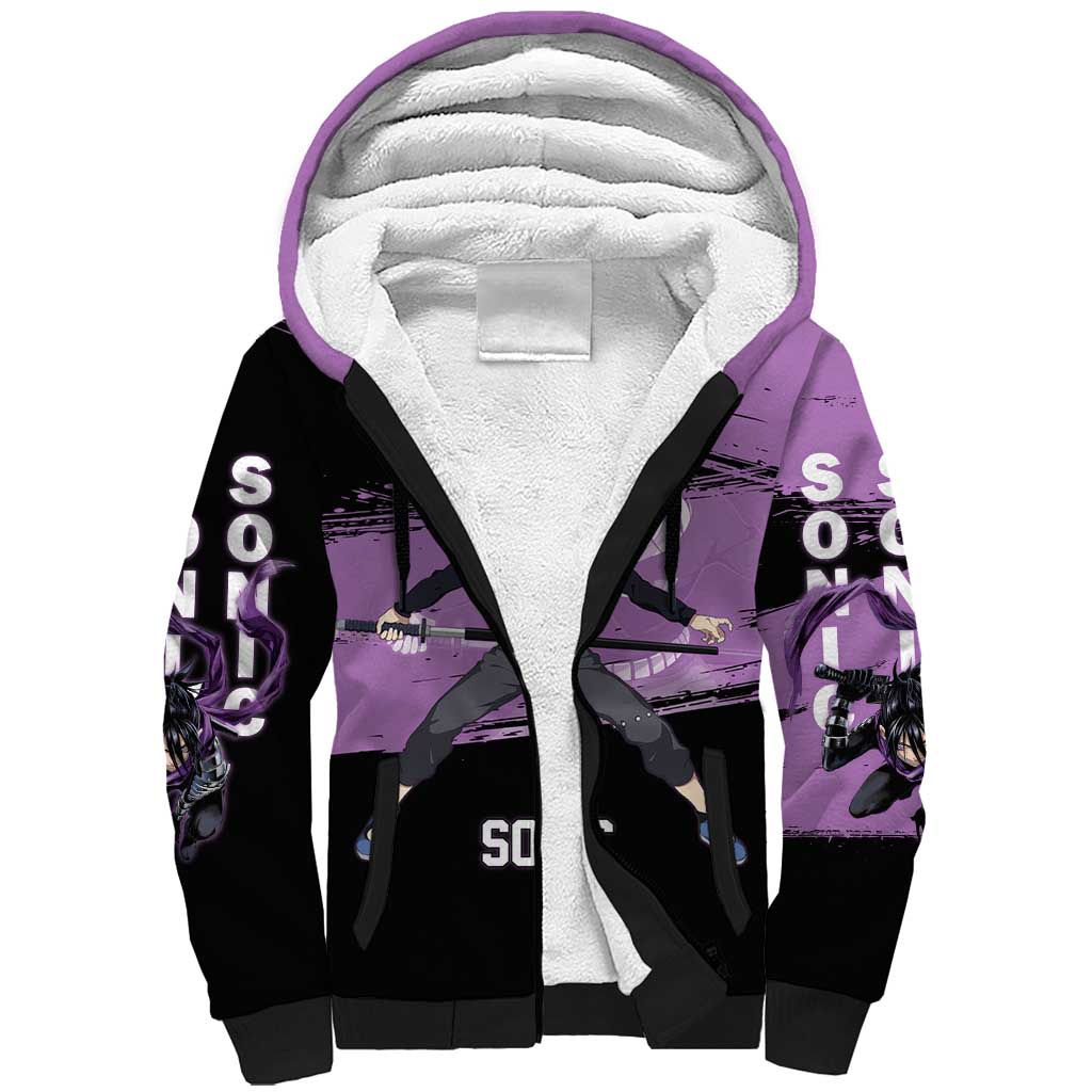 Sonic One Punch Man Anime Purple and Black Theme Sherpa Hoodie with Stealth Pose and High-Speed Ninja Design - The Mazicc