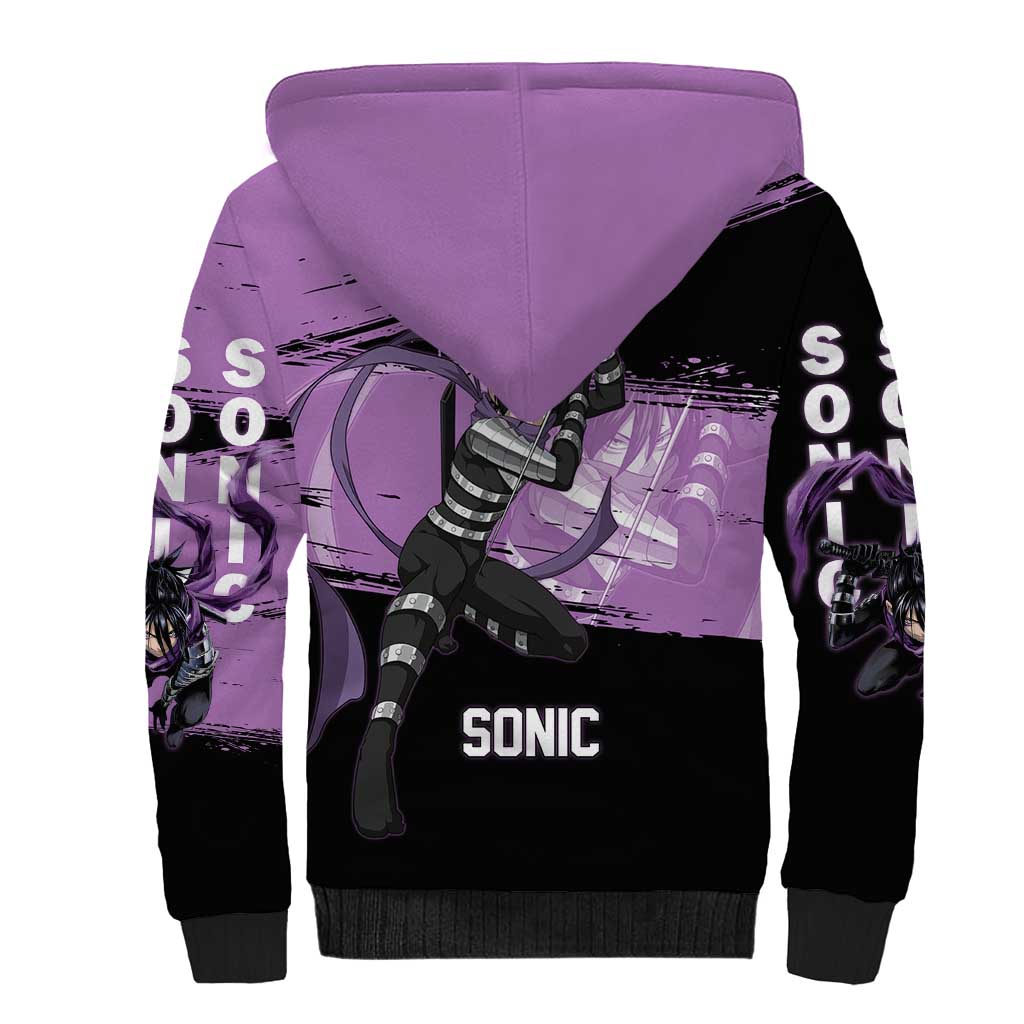 Sonic One Punch Man Anime Purple and Black Theme Sherpa Hoodie with Stealth Pose and High-Speed Ninja Design - The Mazicc