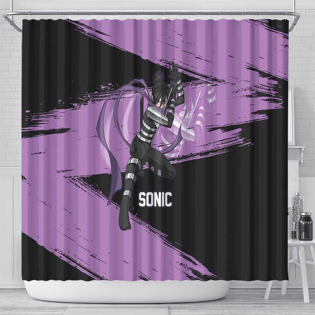 Sonic One Punch Man Anime Purple and Black Theme Shower Curtain with Stealth Pose and High-Speed Ninja Design - The Mazicc