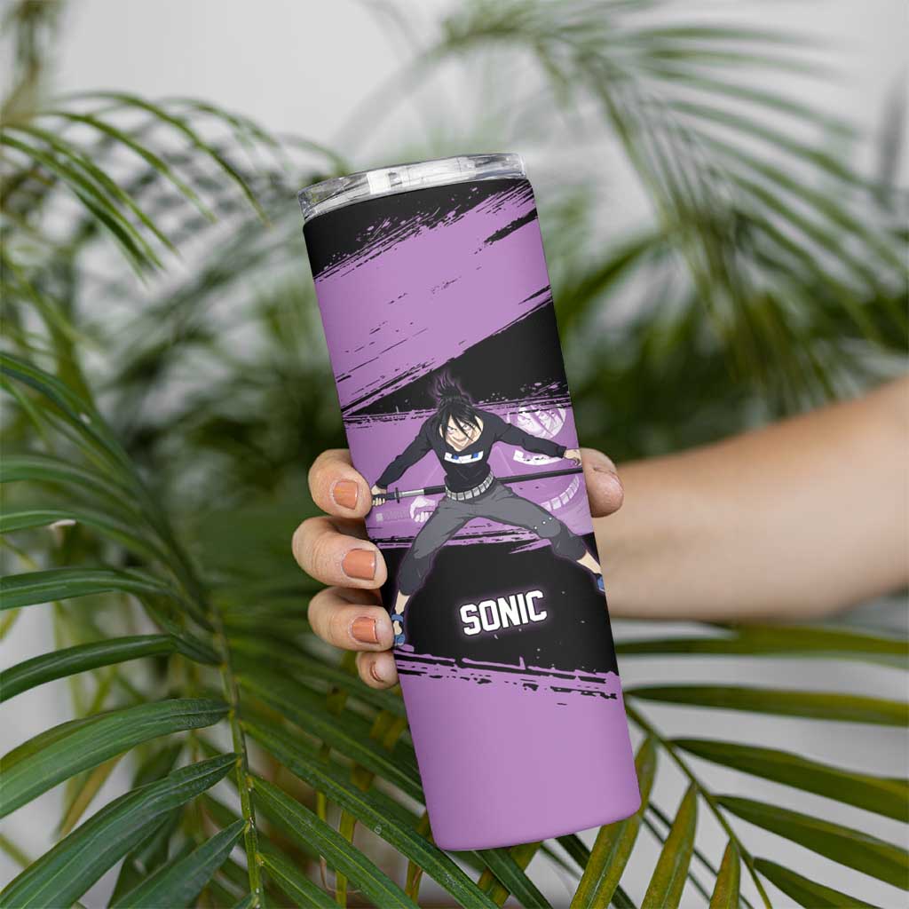 Sonic One Punch Man Anime Purple and Black Theme Skinny Tumbler with Stealth Pose and High-Speed Ninja Design - The Mazicc