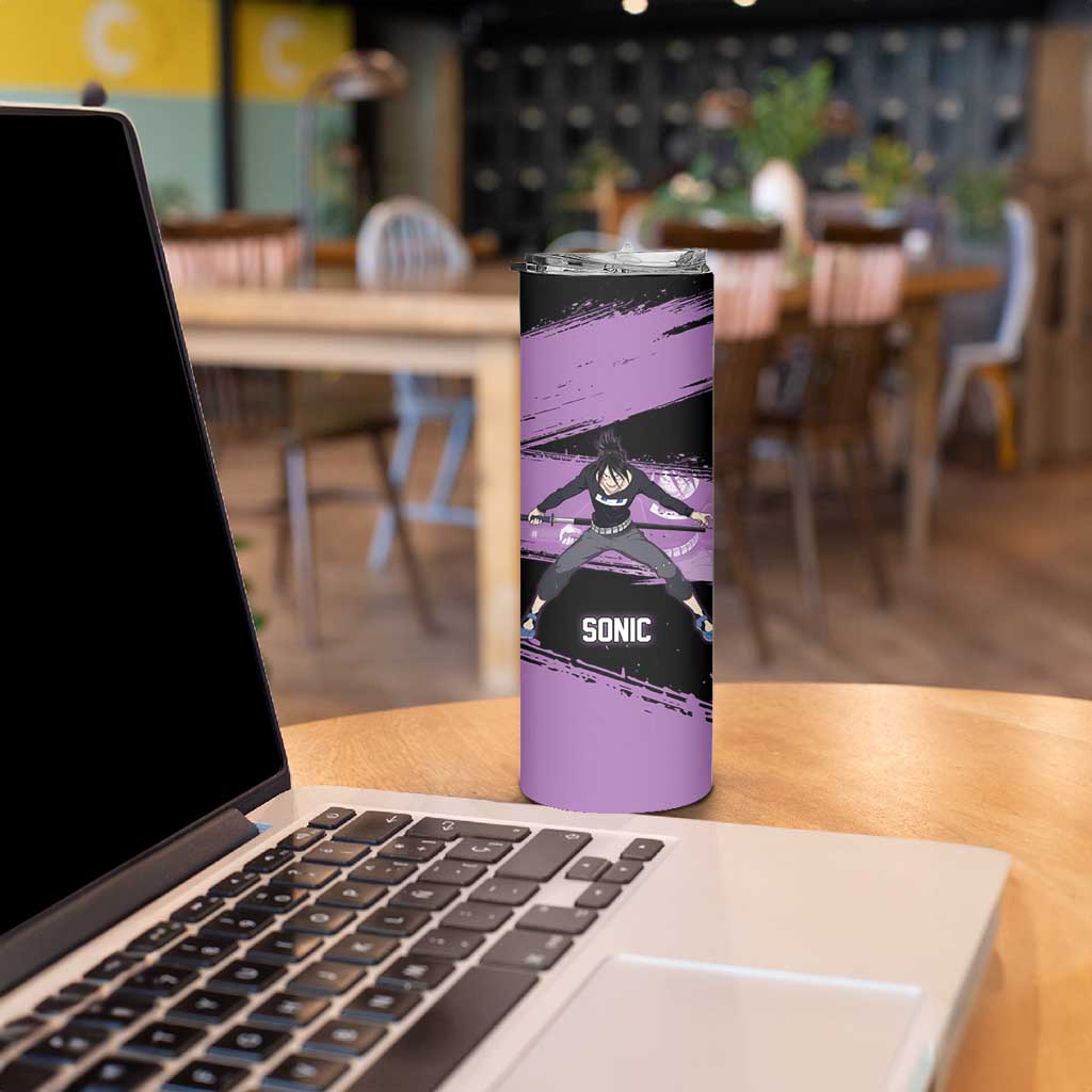 Sonic One Punch Man Anime Purple and Black Theme Skinny Tumbler with Stealth Pose and High-Speed Ninja Design - The Mazicc