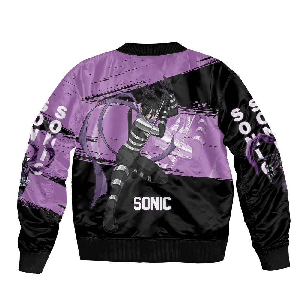 Sonic One Punch Man Anime Purple and Black Theme Sleeve Zip Bomber Jacket with Stealth Pose and High-Speed Ninja Design - The Mazicc