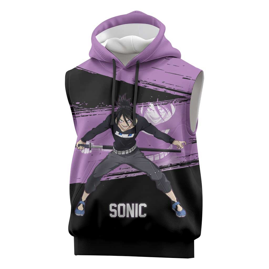 Sonic One Punch Man Anime Purple and Black Theme Sleeveless Hoodie with Stealth Pose and High-Speed Ninja Design - The Mazicc
