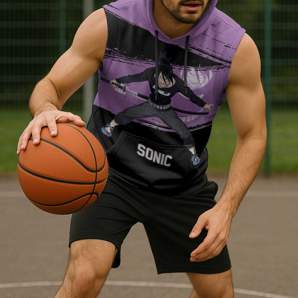 Sonic One Punch Man Anime Purple and Black Theme Sleeveless Hoodie with Stealth Pose and High-Speed Ninja Design - The Mazicc