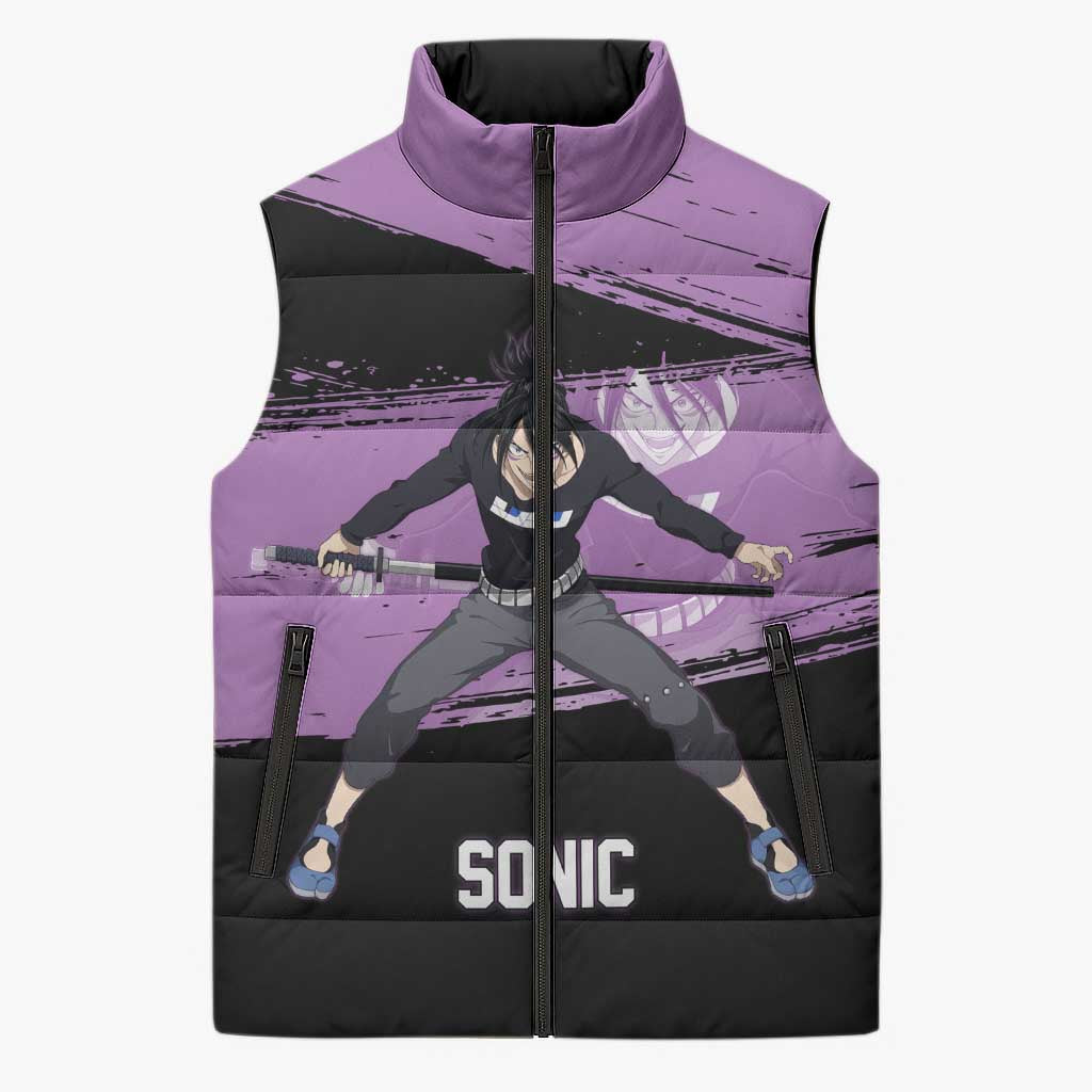 Sonic One Punch Man Anime Purple and Black Theme Sleeveless Puffer Jacket with Stealth Pose and High-Speed Ninja Design - The Mazicc