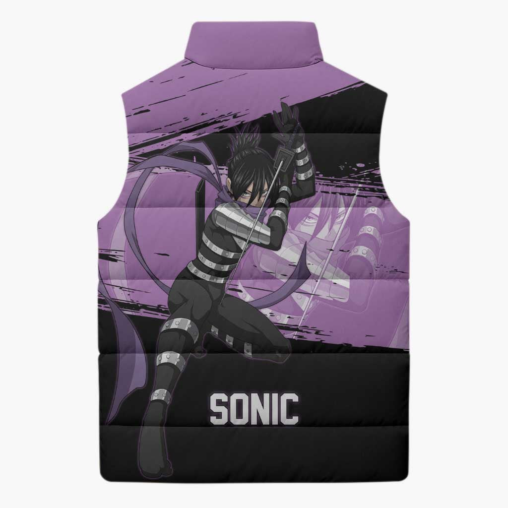 Sonic One Punch Man Anime Purple and Black Theme Sleeveless Puffer Jacket with Stealth Pose and High-Speed Ninja Design - The Mazicc