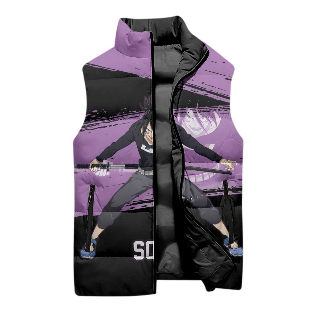 Sonic One Punch Man Anime Purple and Black Theme Sleeveless Puffer Jacket with Stealth Pose and High-Speed Ninja Design - The Mazicc