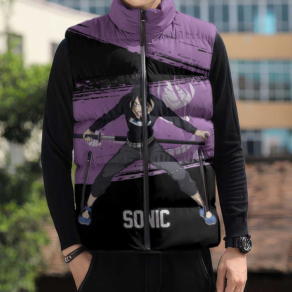 Sonic One Punch Man Anime Purple and Black Theme Sleeveless Puffer Jacket with Stealth Pose and High-Speed Ninja Design - The Mazicc