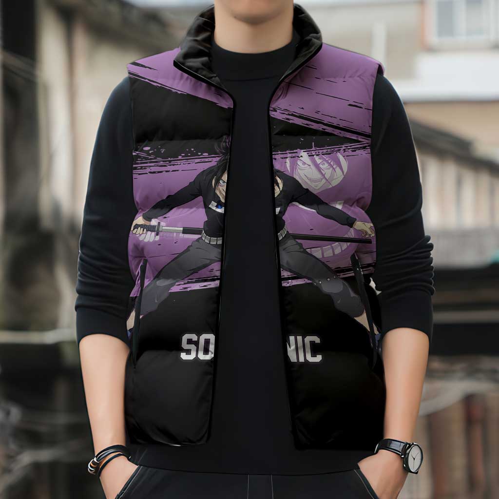 Sonic One Punch Man Anime Purple and Black Theme Sleeveless Puffer Jacket with Stealth Pose and High-Speed Ninja Design - The Mazicc