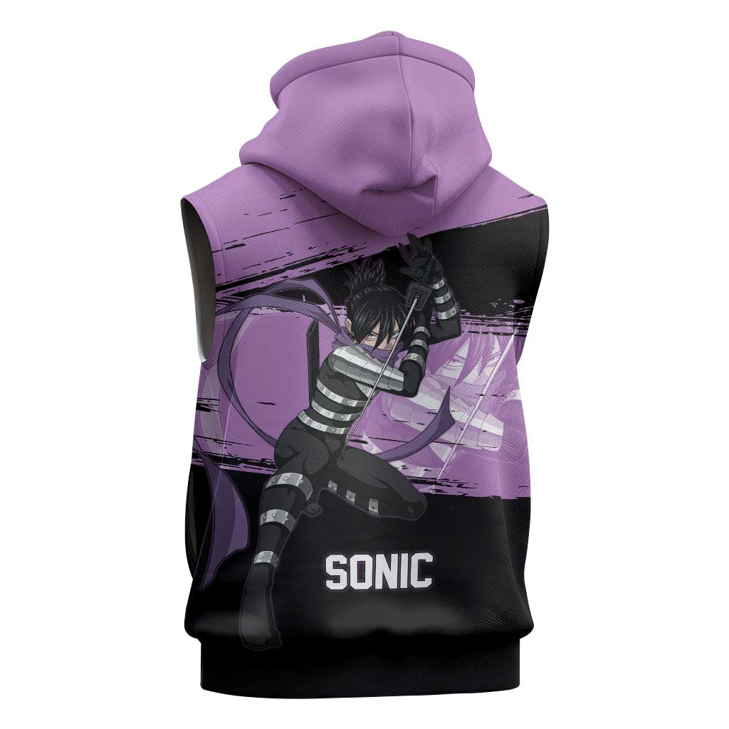 Sonic One Punch Man Anime Purple and Black Theme Sleeveless Zip Hoodie with Stealth Pose and High-Speed Ninja Design - The Mazicc