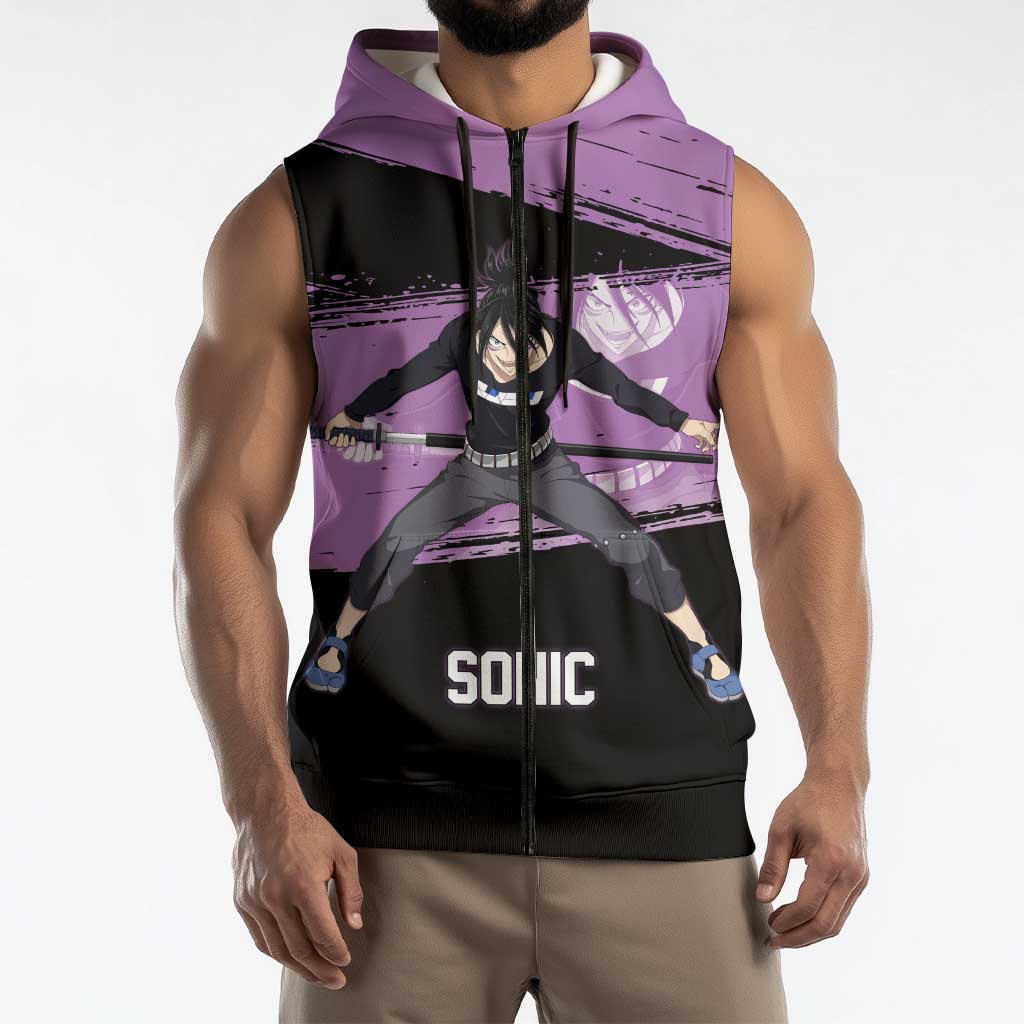 Sonic One Punch Man Anime Purple and Black Theme Sleeveless Zip Hoodie with Stealth Pose and High-Speed Ninja Design - The Mazicc