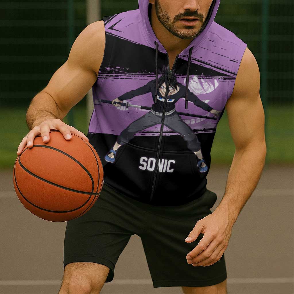 Sonic One Punch Man Anime Purple and Black Theme Sleeveless Zip Hoodie with Stealth Pose and High-Speed Ninja Design - The Mazicc