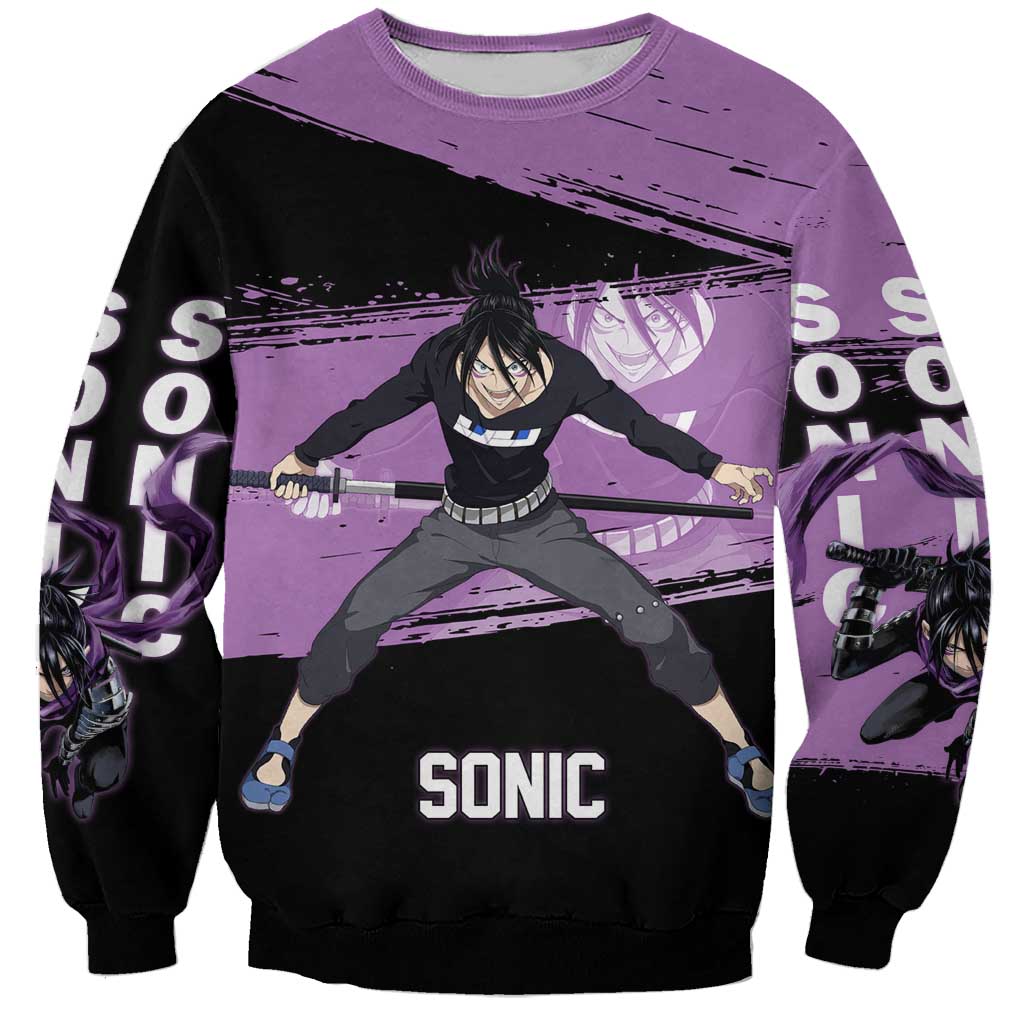 Sonic One Punch Man Anime Purple and Black Theme Sweatshirt with Stealth Pose and High-Speed Ninja Design - The Mazicc