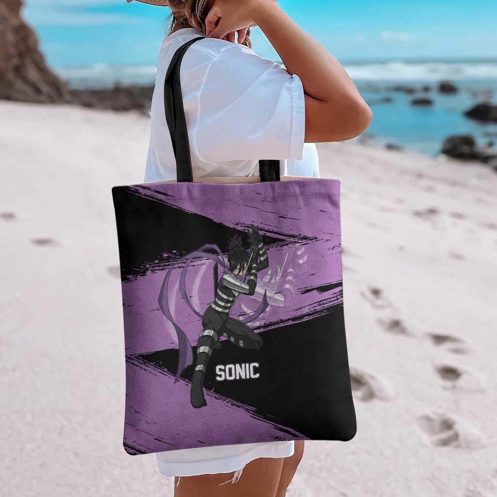 Sonic One Punch Man Anime Purple and Black Theme Tote Bag with Stealth Pose and High-Speed Ninja Design - The Mazicc