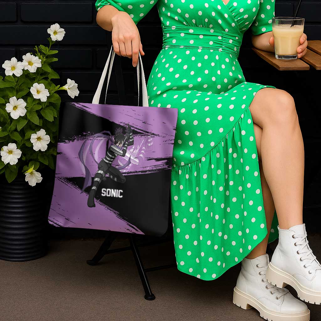 Sonic One Punch Man Anime Purple and Black Theme Tote Bag with Stealth Pose and High-Speed Ninja Design - The Mazicc