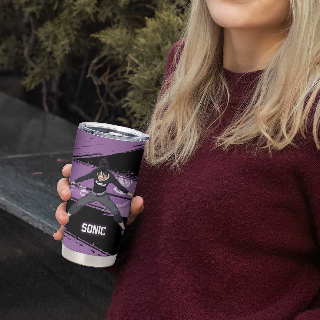 Sonic One Punch Man Anime Purple and Black Theme Tumbler Cup with Stealth Pose and High-Speed Ninja Design - The Mazicc