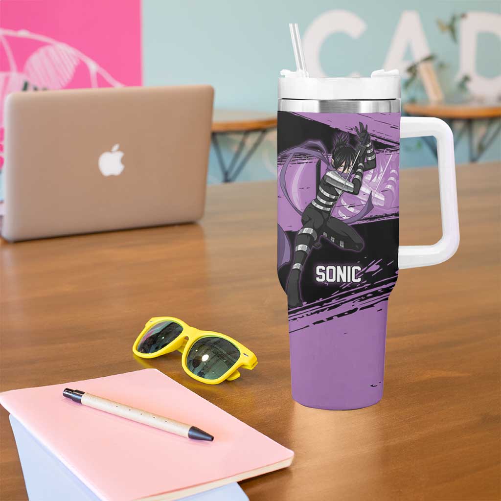 Sonic One Punch Man Anime Purple and Black Theme Tumbler With Handle with Stealth Pose and High-Speed Ninja Design - The Mazicc