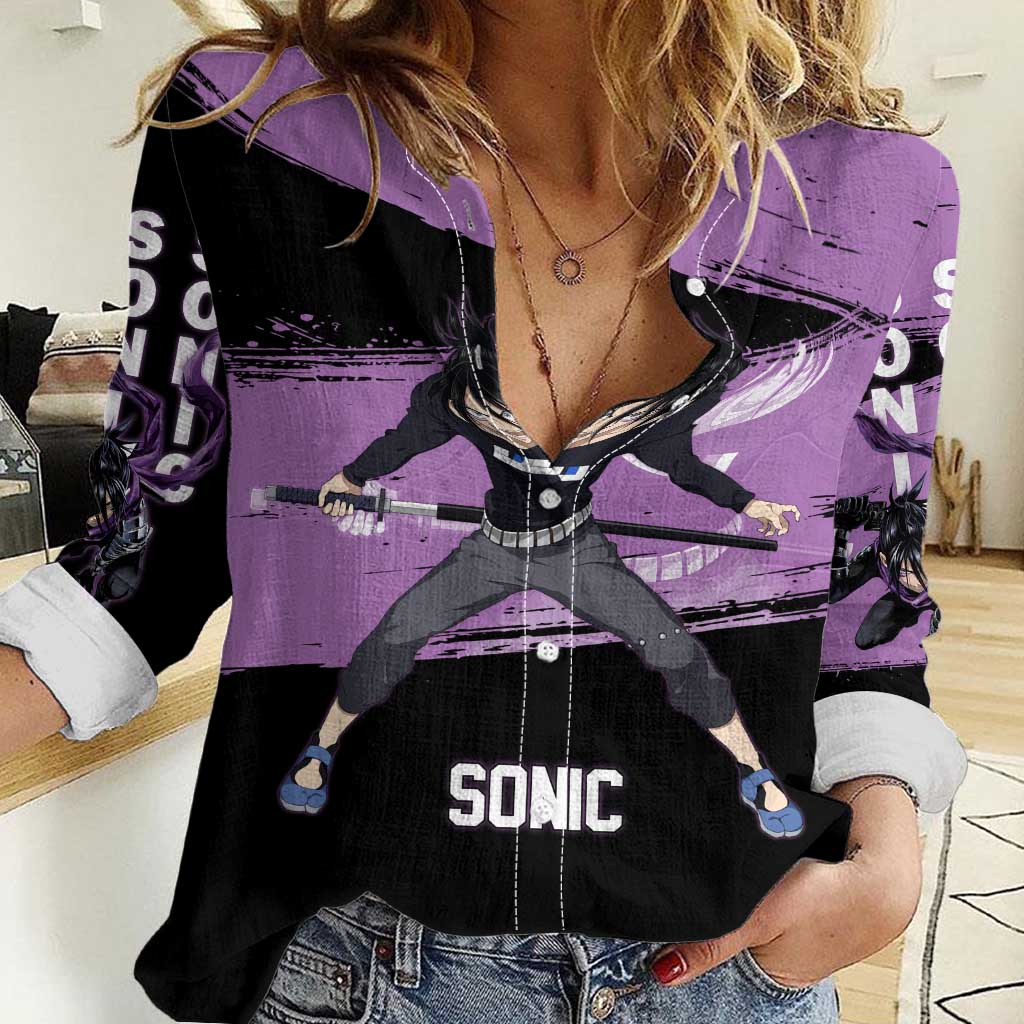 Sonic One Punch Man Anime Purple and Black Theme Women Casual Shirt with Stealth Pose and High-Speed Ninja Design - The Mazicc
