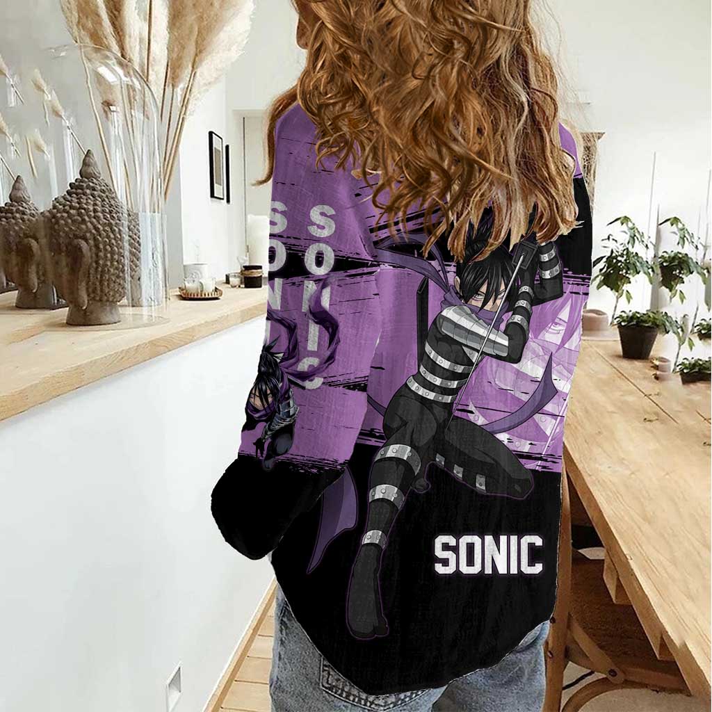 Sonic One Punch Man Anime Purple and Black Theme Women Casual Shirt with Stealth Pose and High-Speed Ninja Design - The Mazicc