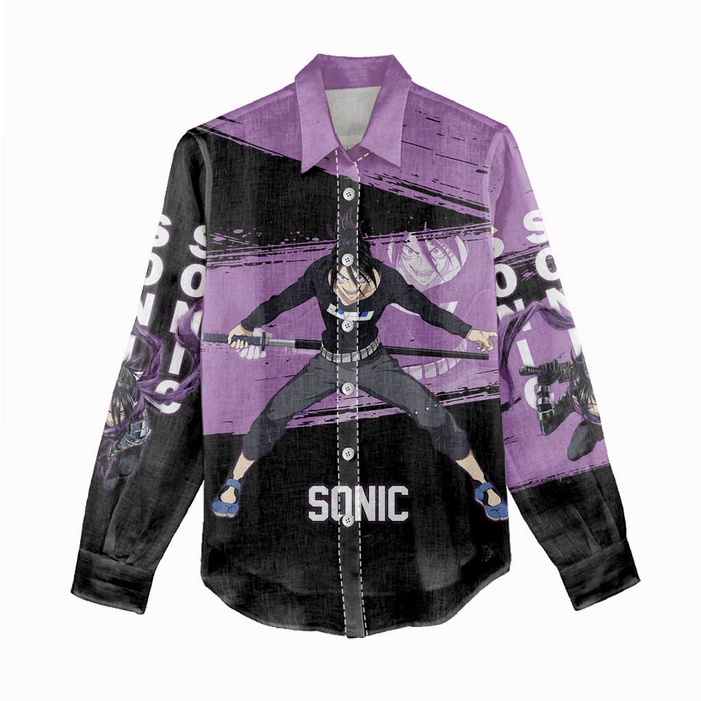 Sonic One Punch Man Anime Purple and Black Theme Women Casual Shirt with Stealth Pose and High-Speed Ninja Design - The Mazicc