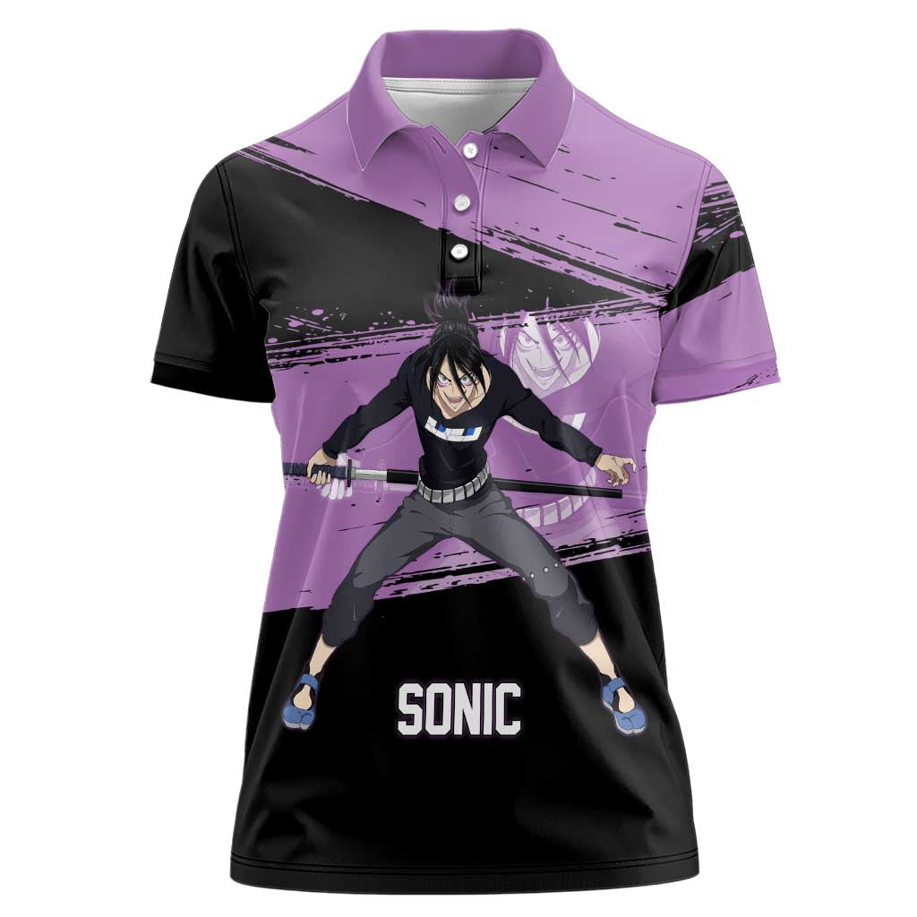Sonic One Punch Man Anime Purple and Black Theme Women Polo Shirt with Stealth Pose and High-Speed Ninja Design - The Mazicc