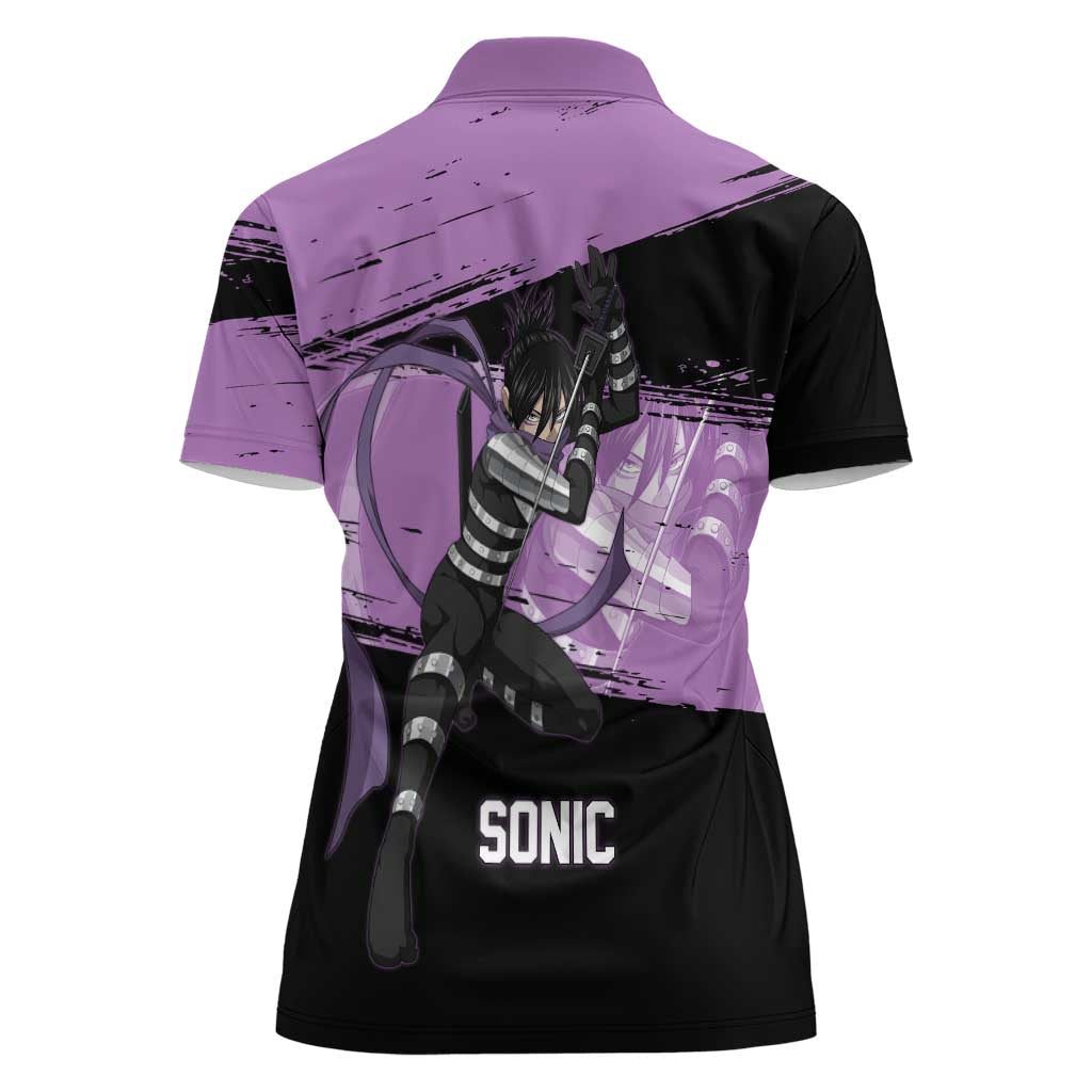 Sonic One Punch Man Anime Purple and Black Theme Women Polo Shirt with Stealth Pose and High-Speed Ninja Design - The Mazicc