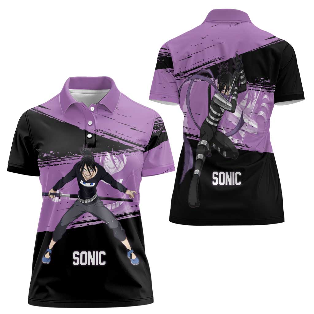 Sonic One Punch Man Anime Purple and Black Theme Women Polo Shirt with Stealth Pose and High-Speed Ninja Design - The Mazicc