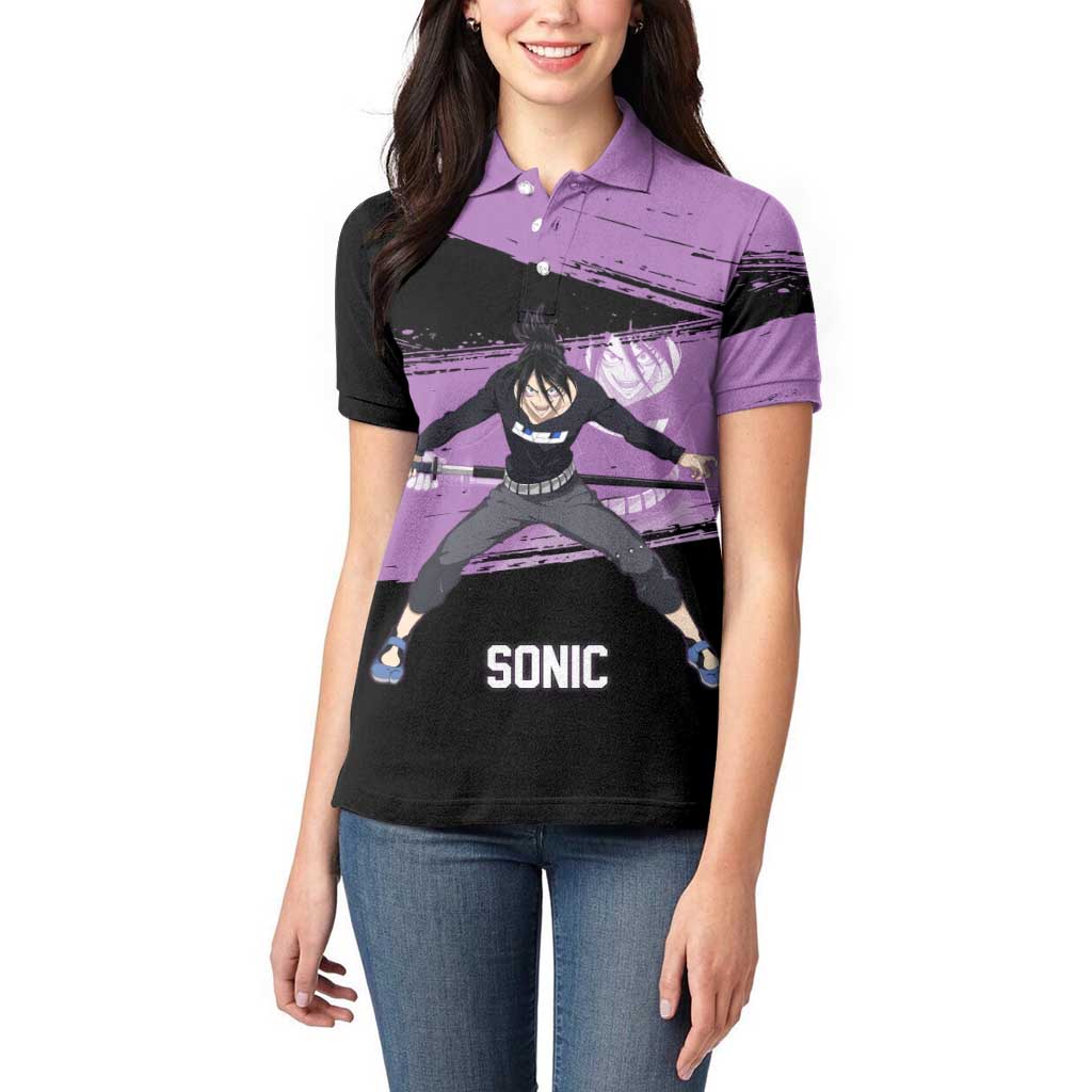 Sonic One Punch Man Anime Purple and Black Theme Women Polo Shirt with Stealth Pose and High-Speed Ninja Design - The Mazicc
