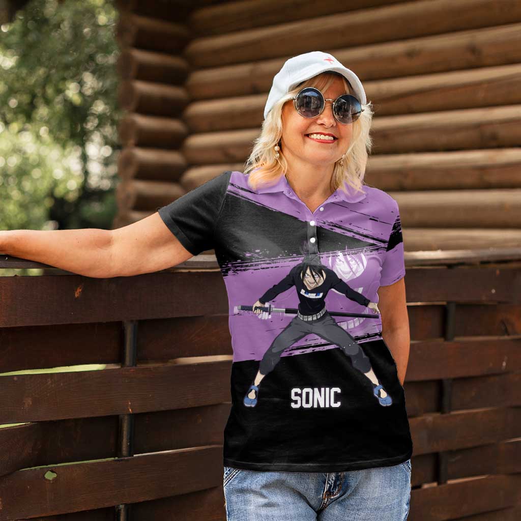 Sonic One Punch Man Anime Purple and Black Theme Women Polo Shirt with Stealth Pose and High-Speed Ninja Design - The Mazicc