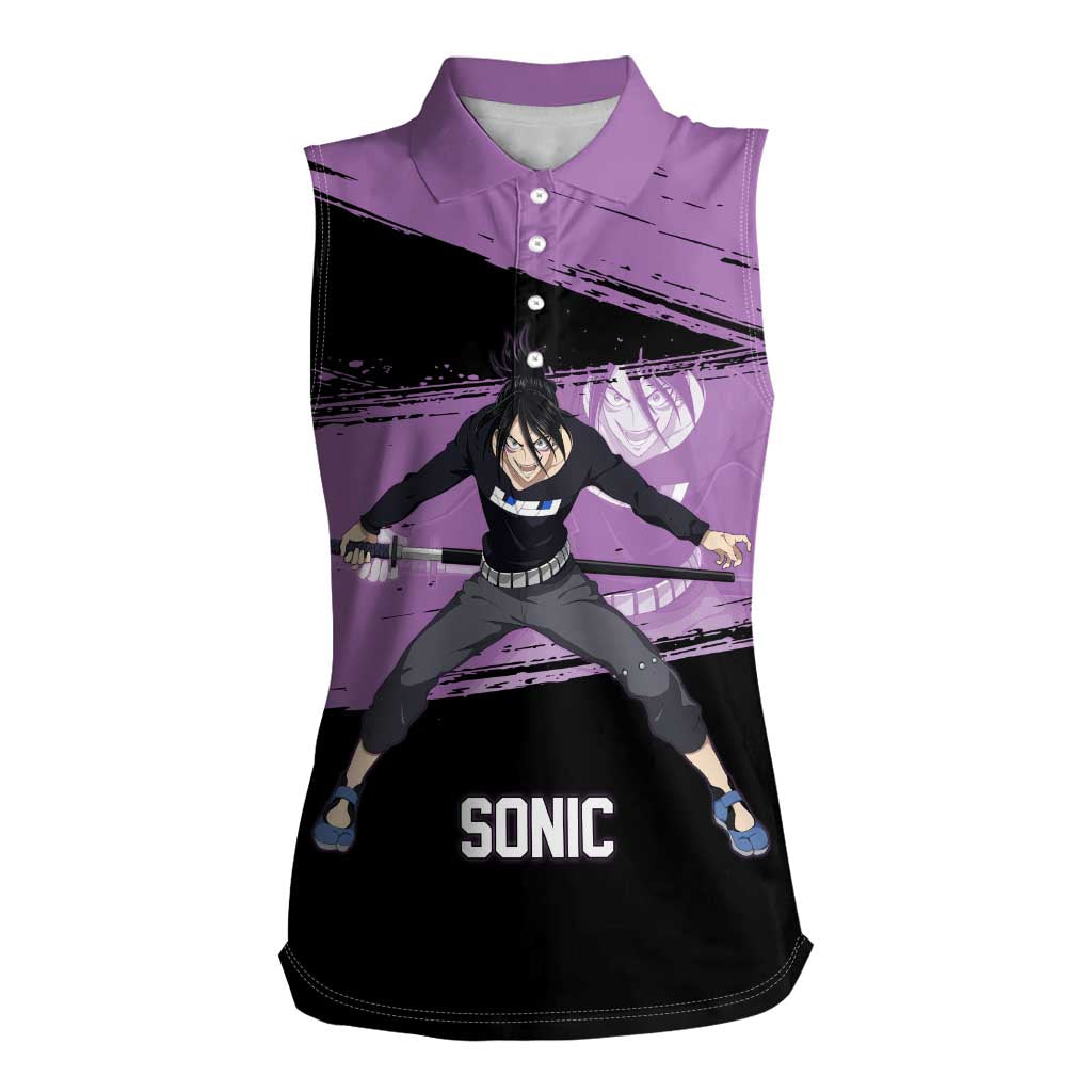 Sonic One Punch Man Anime Purple and Black Theme Women Sleeveless Polo Shirt with Stealth Pose and High-Speed Ninja Design - The Mazicc