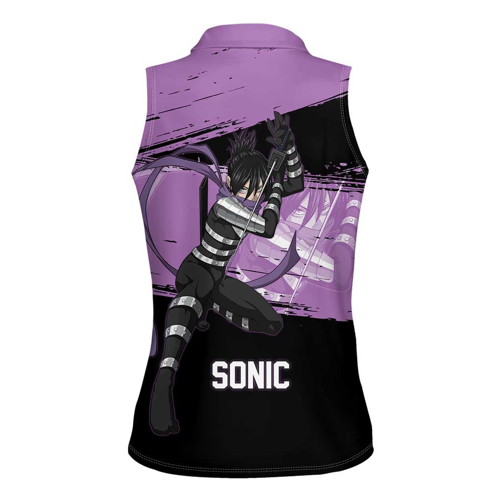 Sonic One Punch Man Anime Purple and Black Theme Women Sleeveless Polo Shirt with Stealth Pose and High-Speed Ninja Design - The Mazicc
