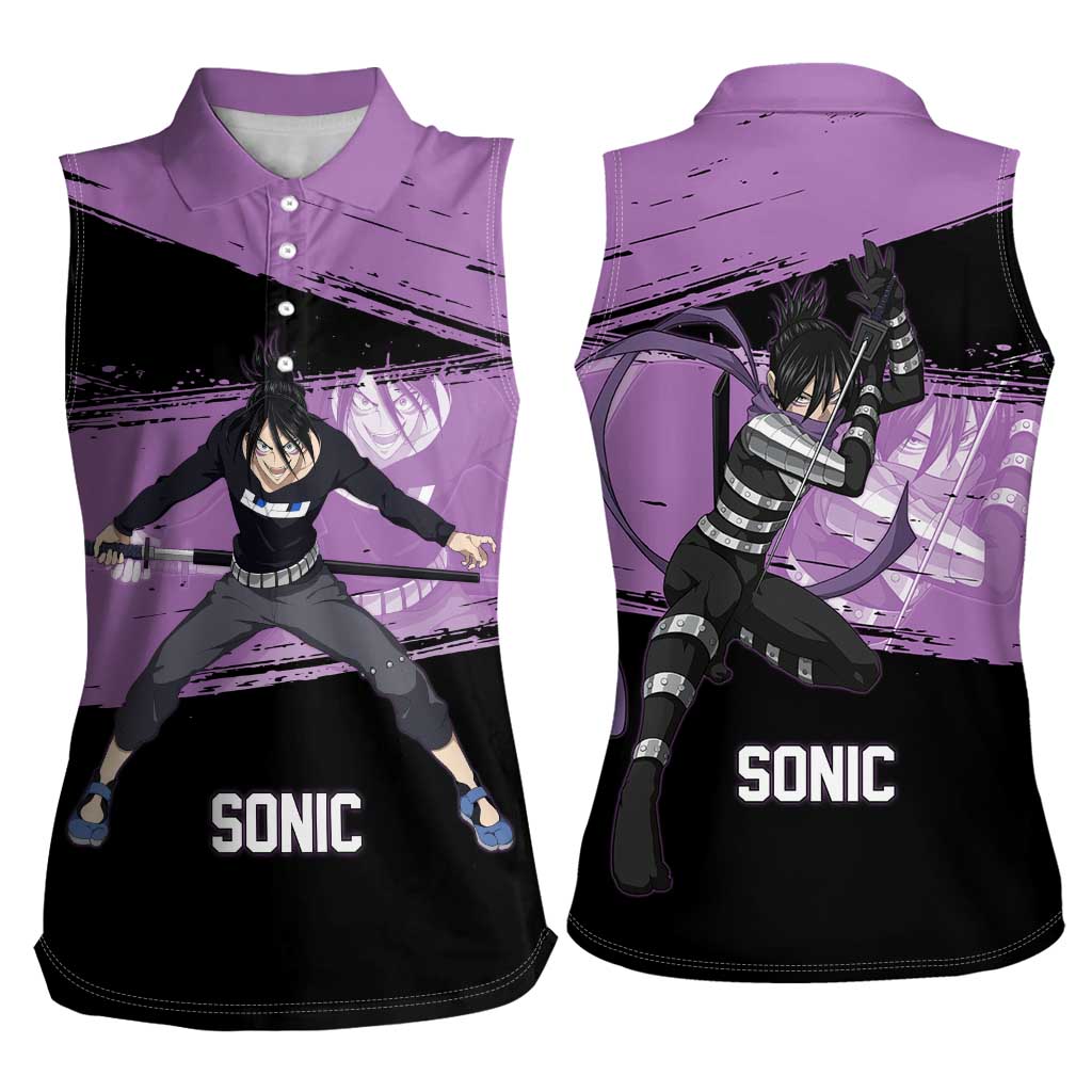 Sonic One Punch Man Anime Purple and Black Theme Women Sleeveless Polo Shirt with Stealth Pose and High-Speed Ninja Design - The Mazicc