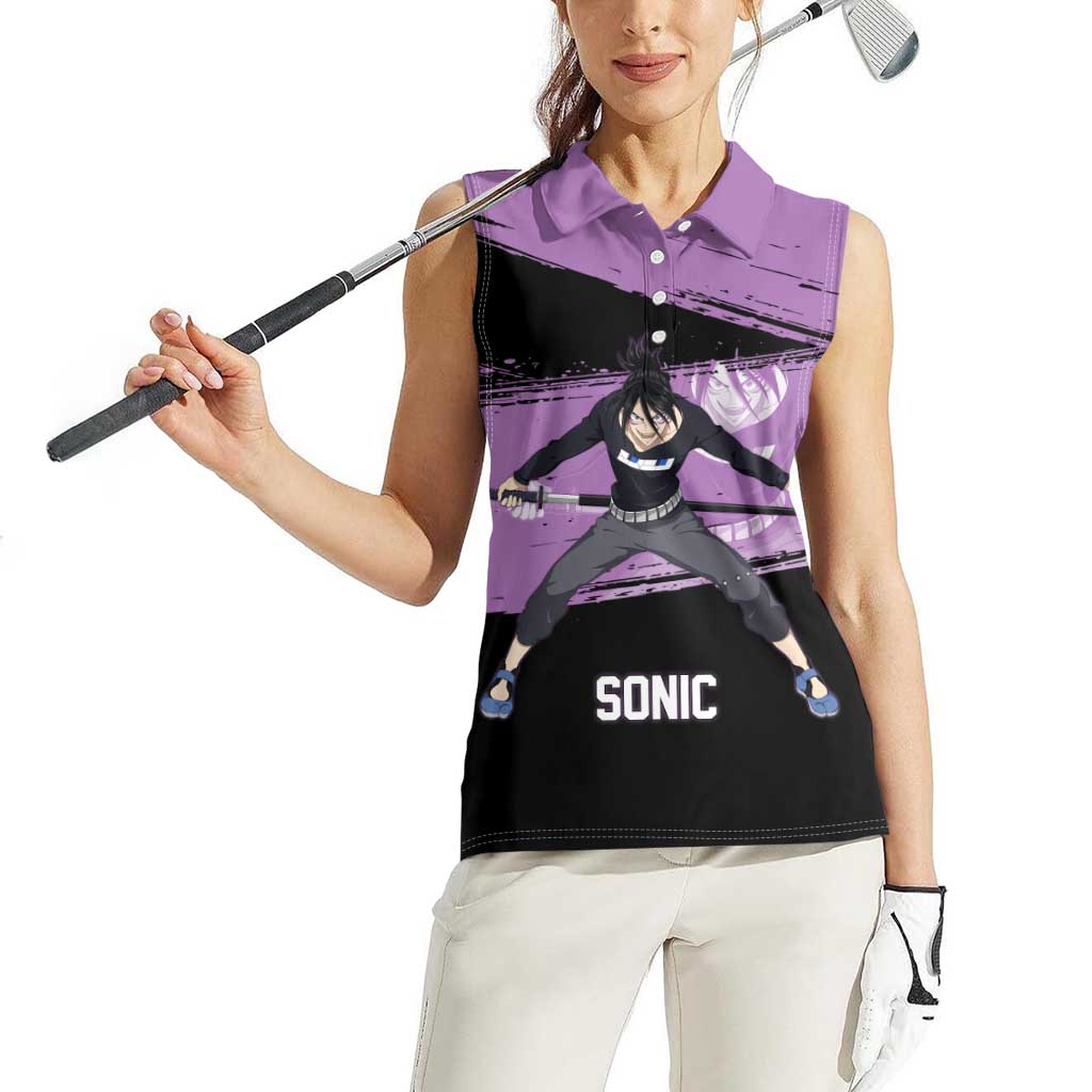 Sonic One Punch Man Anime Purple and Black Theme Women Sleeveless Polo Shirt with Stealth Pose and High-Speed Ninja Design - The Mazicc