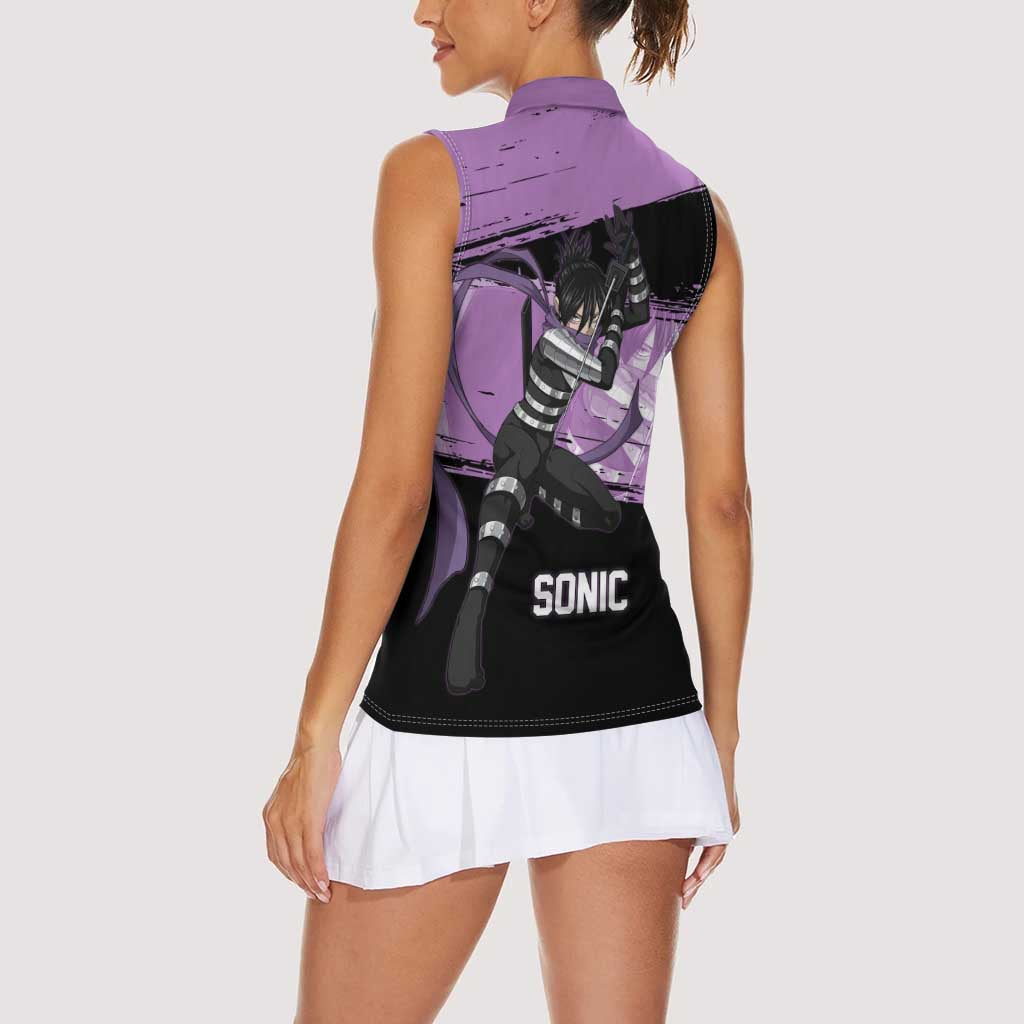 Sonic One Punch Man Anime Purple and Black Theme Women Sleeveless Polo Shirt with Stealth Pose and High-Speed Ninja Design - The Mazicc