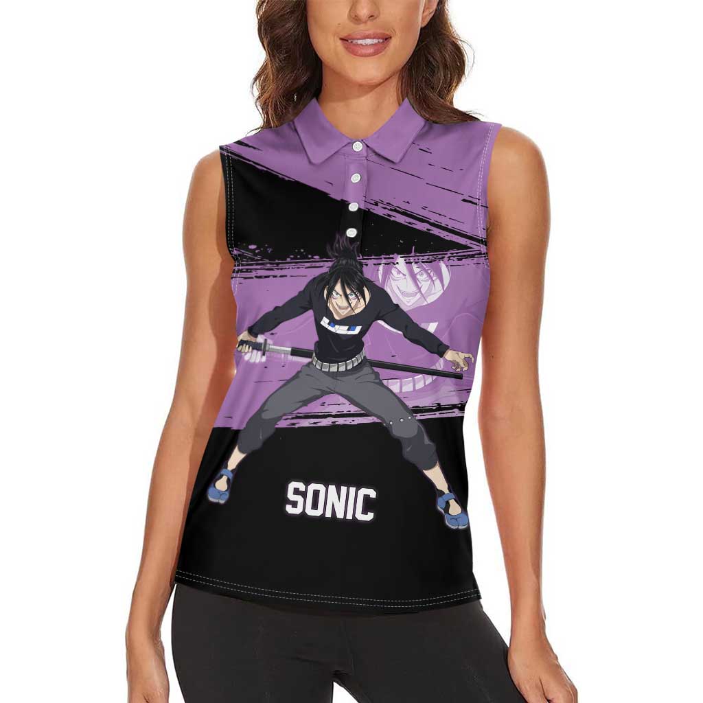 Sonic One Punch Man Anime Purple and Black Theme Women Sleeveless Polo Shirt with Stealth Pose and High-Speed Ninja Design - The Mazicc